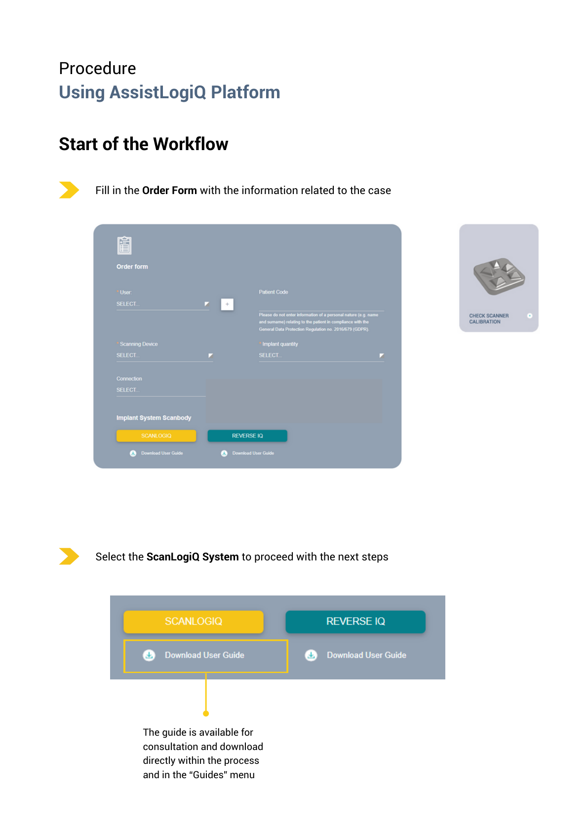 AssistLogiQ – start workflow: vyplnění order form a volba ScanLogiQ