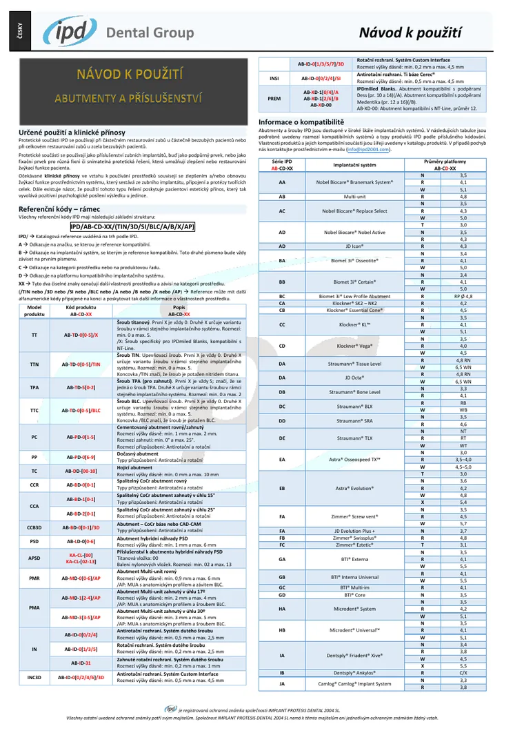 First page of the IPD Abutments and accessories document