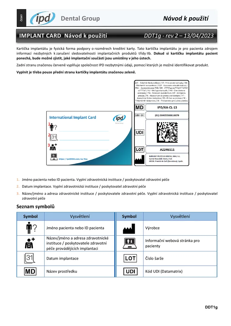 First page of the Implant Card Instructions for Use document