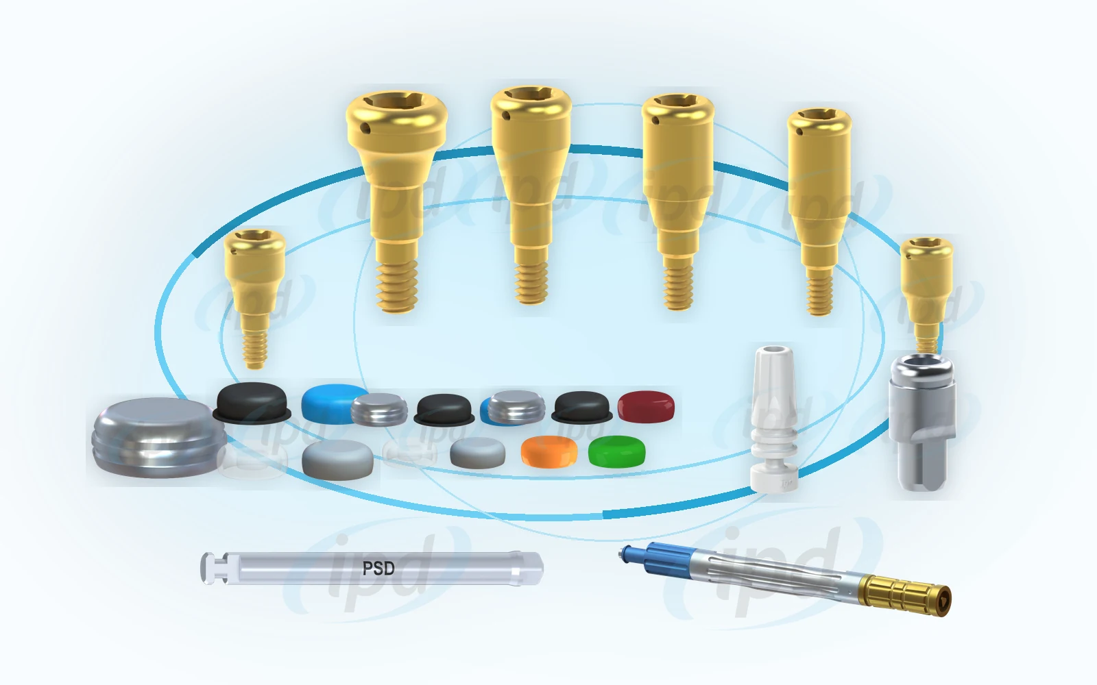 IPD PSD attachments: abutments, retention components, digital analog, KA-CL-14 and tools in an orbit-style system overview